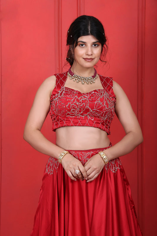 Cornell Red Hand Embroidered Choli & Long Skirt