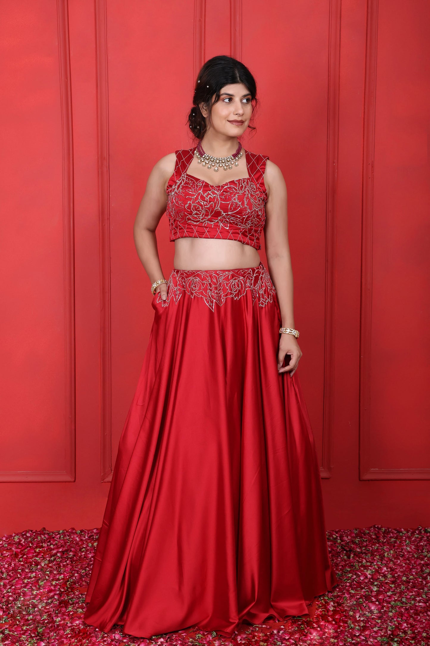 Cornell Red Hand Embroidered Choli & Long Skirt