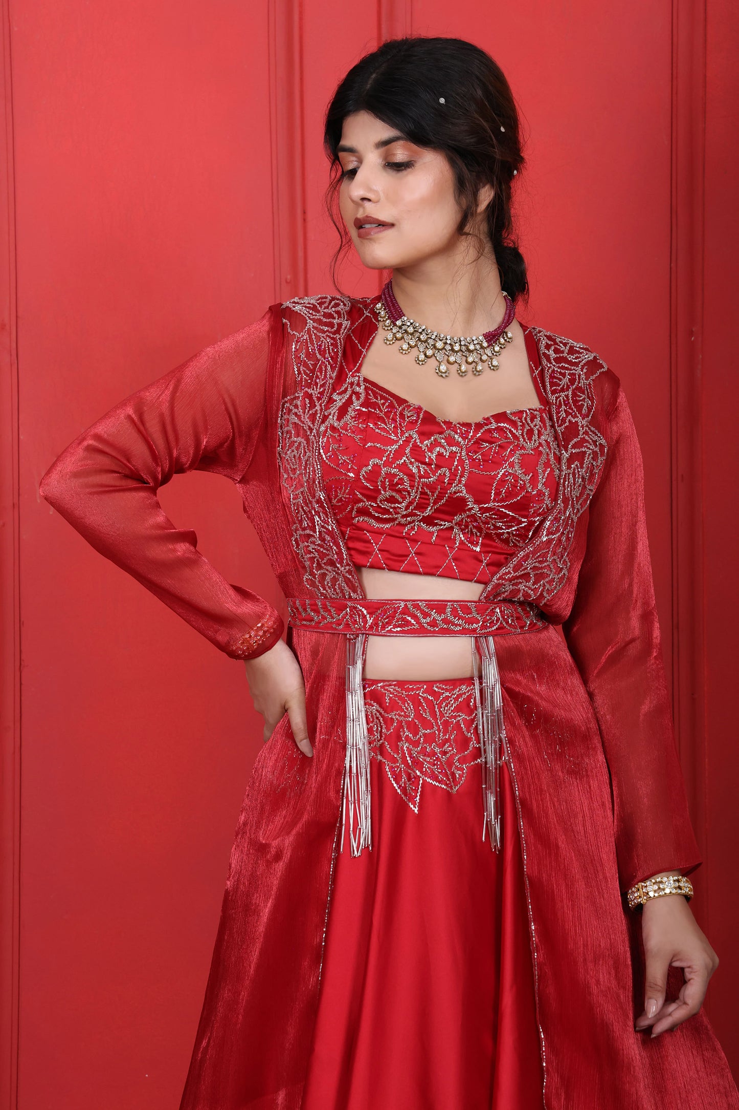 Cornell Red Hand Embroidered Blouse Lehenga Jacket & Belt Set