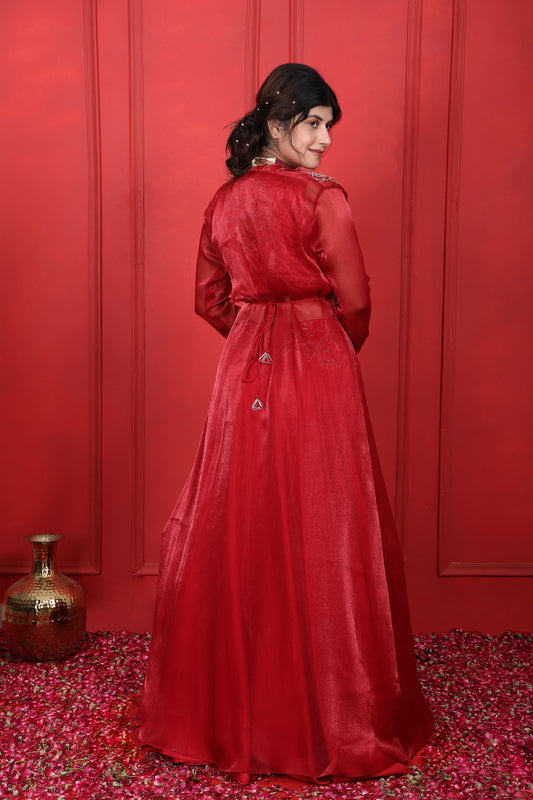 Cornell Red Hand Embroidered Blouse Lehenga Jacket & Belt Set