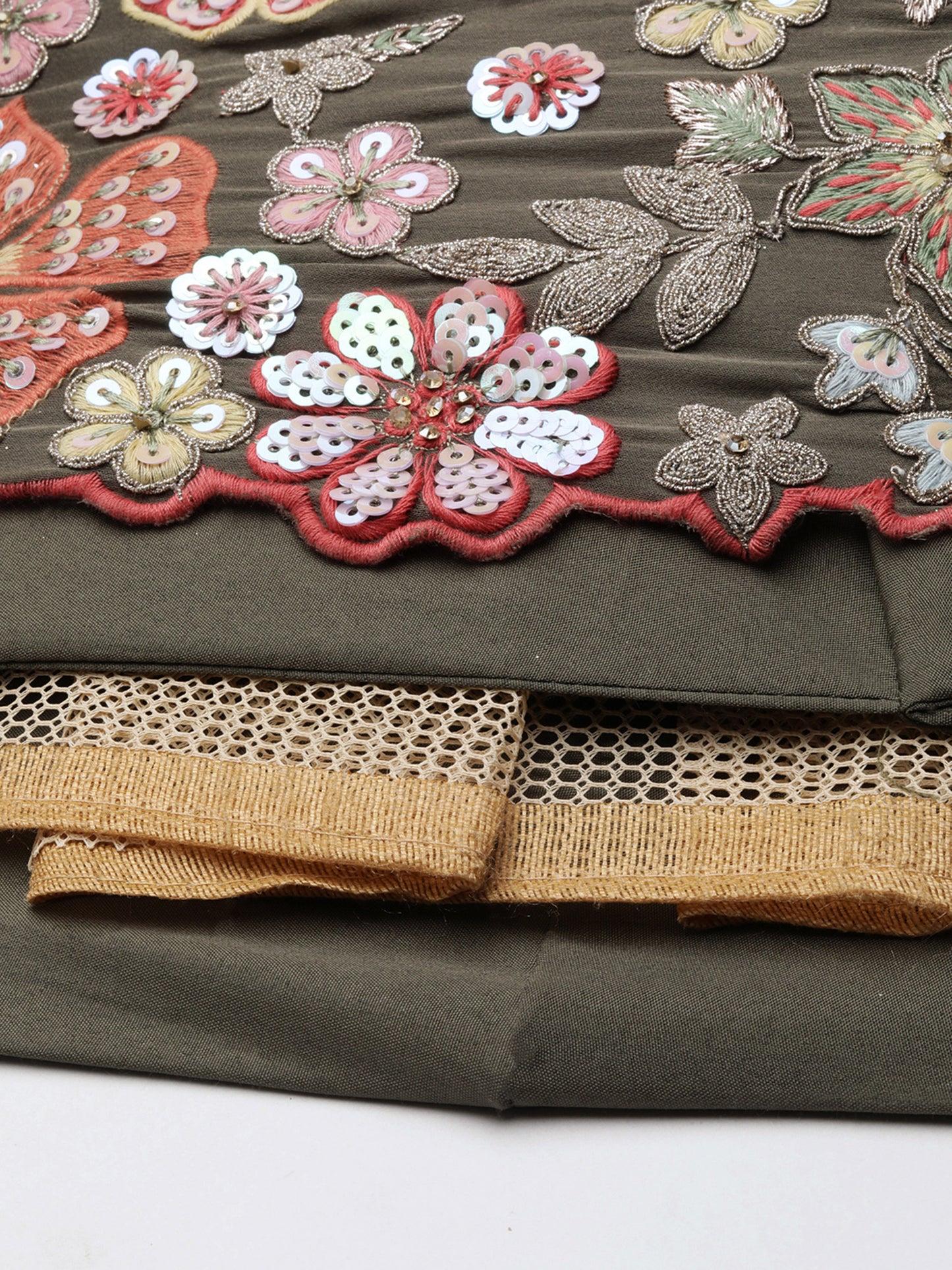 Olive Chinon Sequins embroidery Lehenga