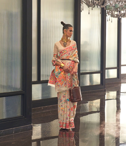 Cream Kabira Kashmiri Modal Handloom Silk Saree