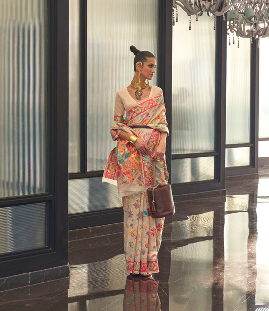 Cream Kabira Kashmiri Modal Handloom Silk Saree