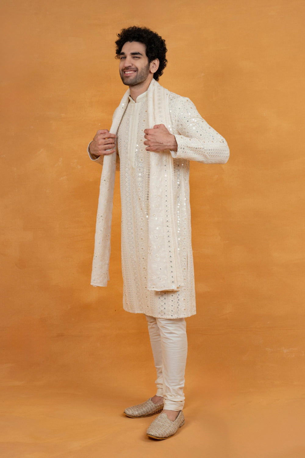 White silk lucknowi silk kurta set with mirror and sequins work