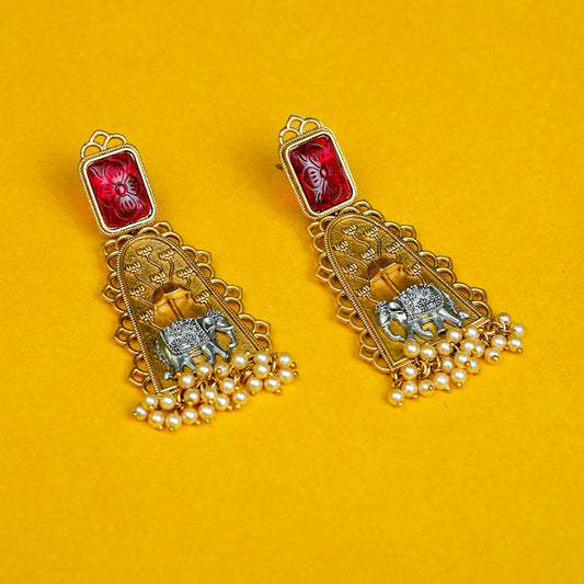 Zevar Club Oxidised Gold & Silver-Toned Elephant Motif Earring with Red Top & Pearls Drops
