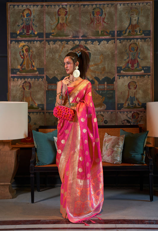 Fuchsia Kona Pure Satin Tanchoi Handloom Silk Saree