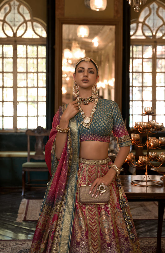 Sky Blue and Pink Silk Stone Work Bridal Lehenga