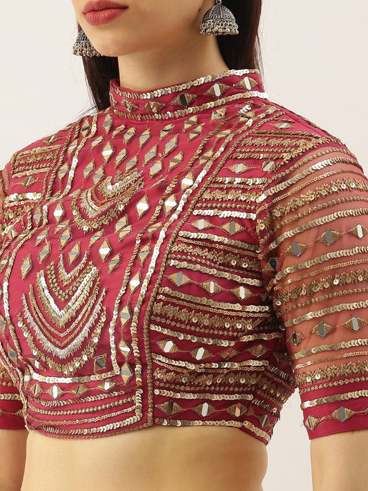 Women Rosegold Net Embroidered Mirror Semi-Stitched Lehenga & Unstitched Blouse with Dupatta