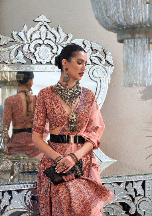 Salmon Pink Kqaalib Kashmiri Handloom saree