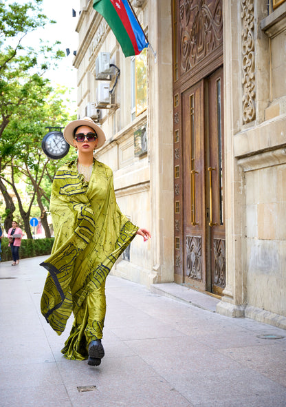 Green Kubik Print Satin Saree