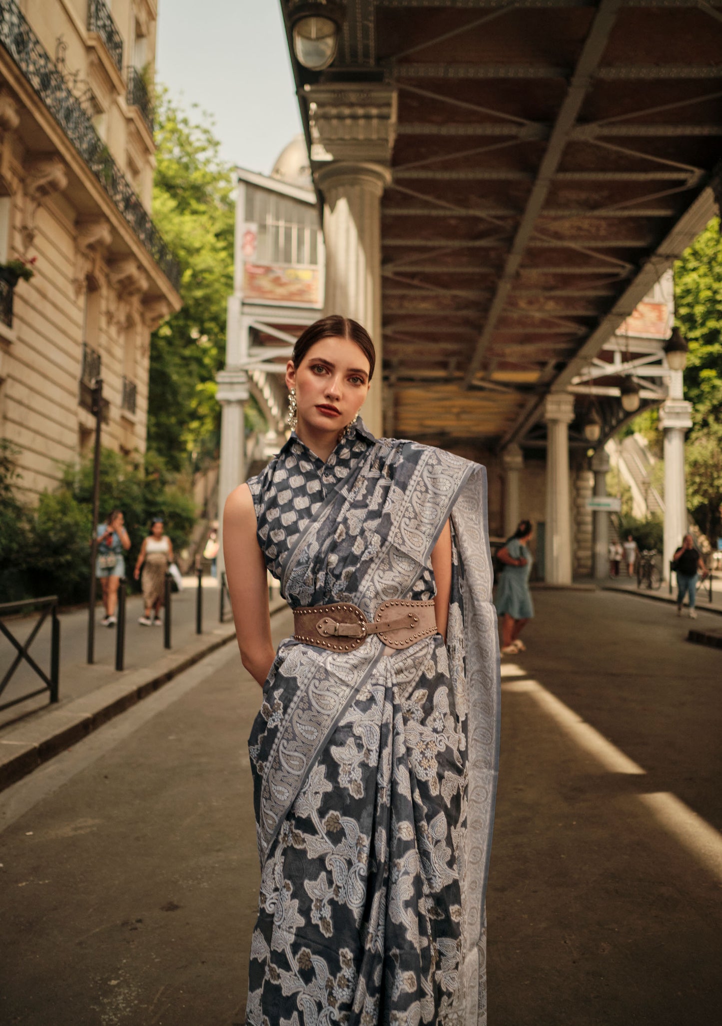 Dark Grey Kaneeza Lucknow Chikankari Zari Saree