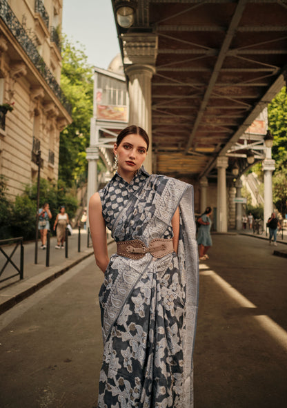 Dark Grey Kaneeza Lucknow Chikankari Zari Saree
