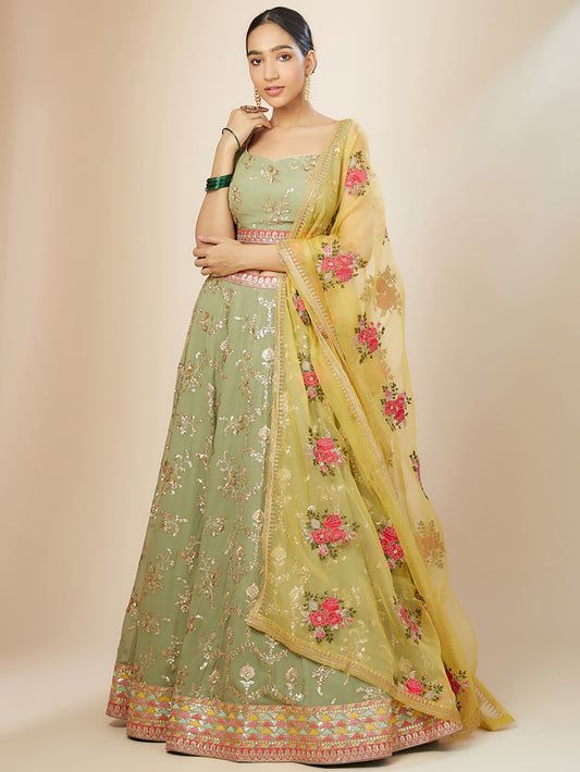 Pista Green & Yellow Georgette Zari & Sequins Work Wedding Guest Lehenga Choli