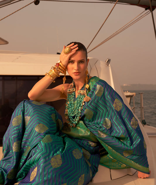 Teal and Green Kingston Pure Satin Nylon two tone saree