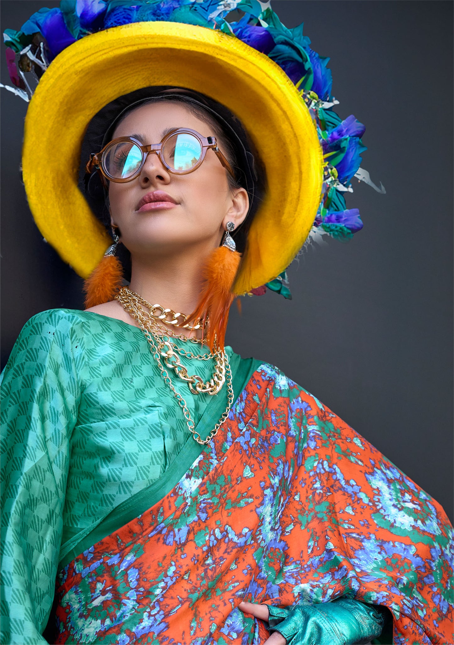 Orange Floral Kazule Contemporary Satin Crepe Saree