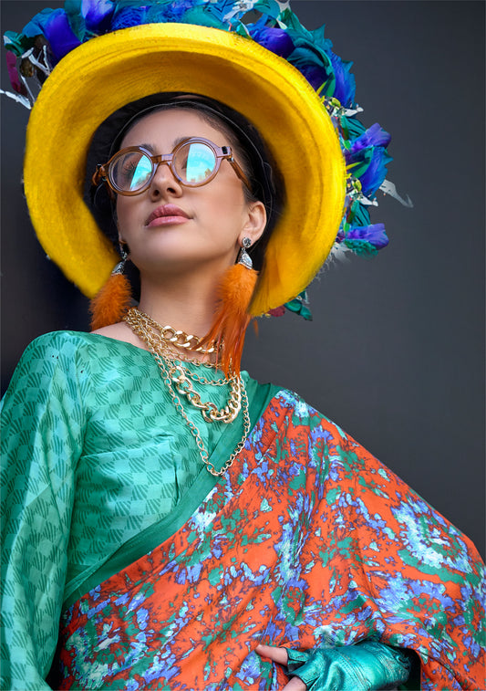 Orange Floral Kazule Contemporary Satin Crepe Saree