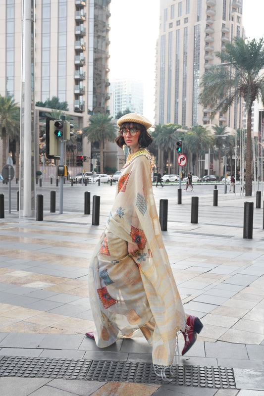 Beige Kroma Zari Tissue handwoven Printed Silk Saree