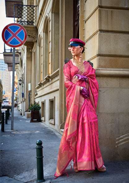 Pink Kalki Handwoven Two tone organza saree