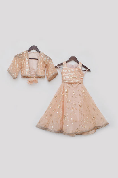 Peach Sequence Embroidery Crop Top with Jacket