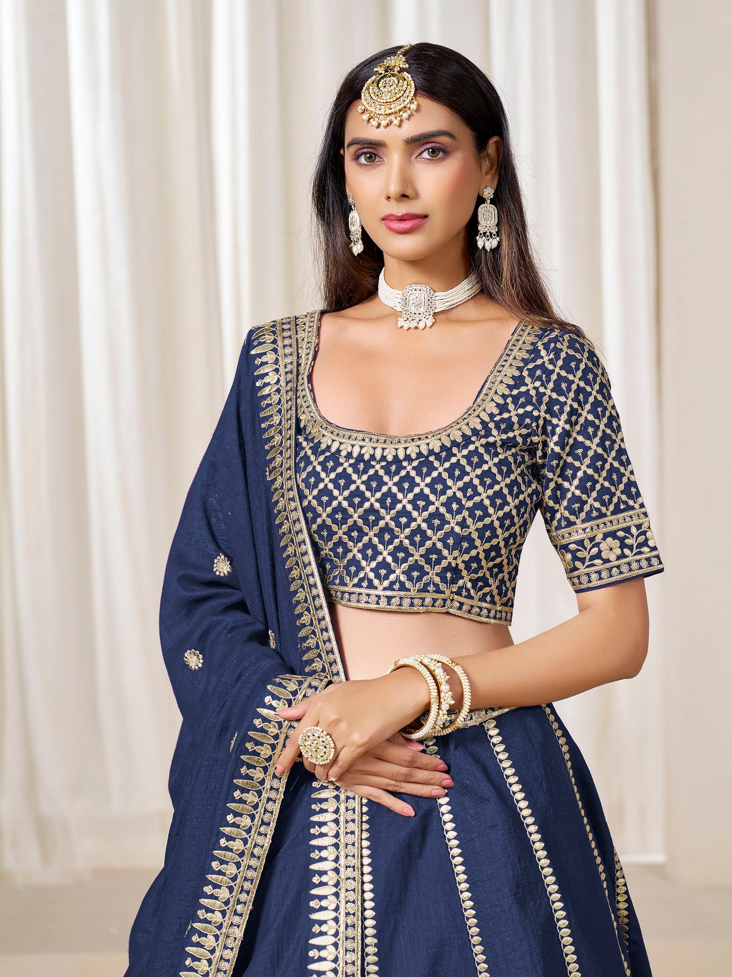 Navy Blue Heavy Sequins Embroidered Art Silk Lehenga for Wedding Guest
