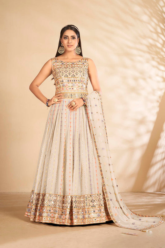 Off White Sequins Embroidery Georgette Party Wear Anarkali