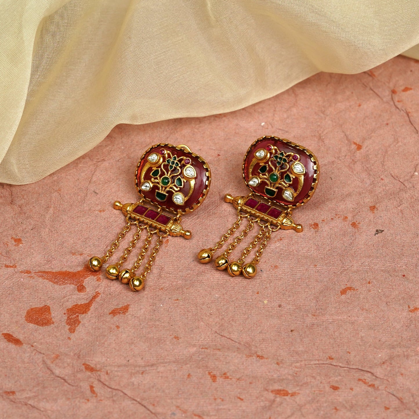 Zevar Club 22K Gold-Plated Handcrafted Red Enamelled Dome Earrings with White & Green Kundan and Multi-Layered Golden Chain Drops