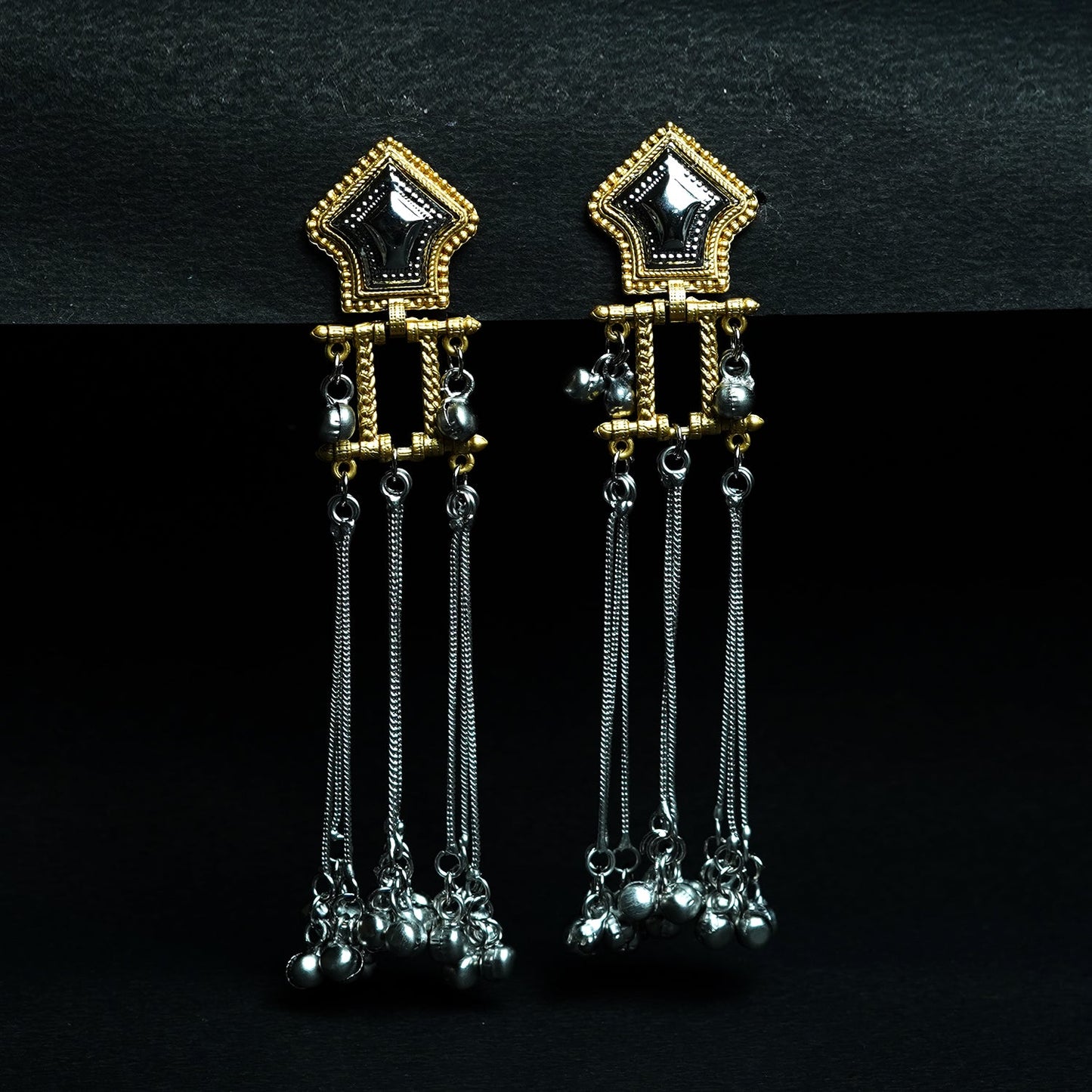 Zevar Club Oxidised Gold & Silver Long Chain Shoulder Duster Earrings with Black Enamel Top