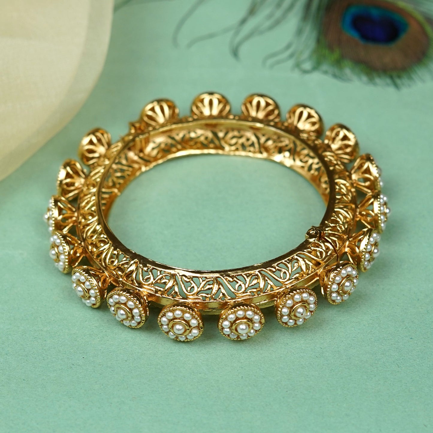 Zevar Club Set of 2 22K Gold-Plated Handcrafted Floral Drop Bangles with White Pearl Accents for Women