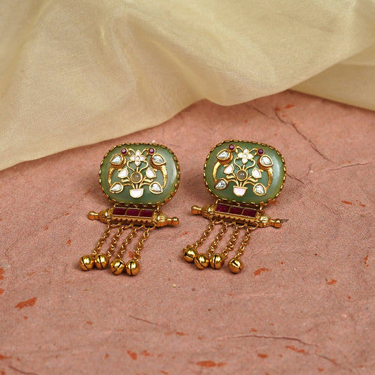 Zevar Club 22K Gold-Plated Handcrafted Mint Green Enamelled Dome Earrings with White & Red Kundan and Multi-Layered Golden Chain Drops