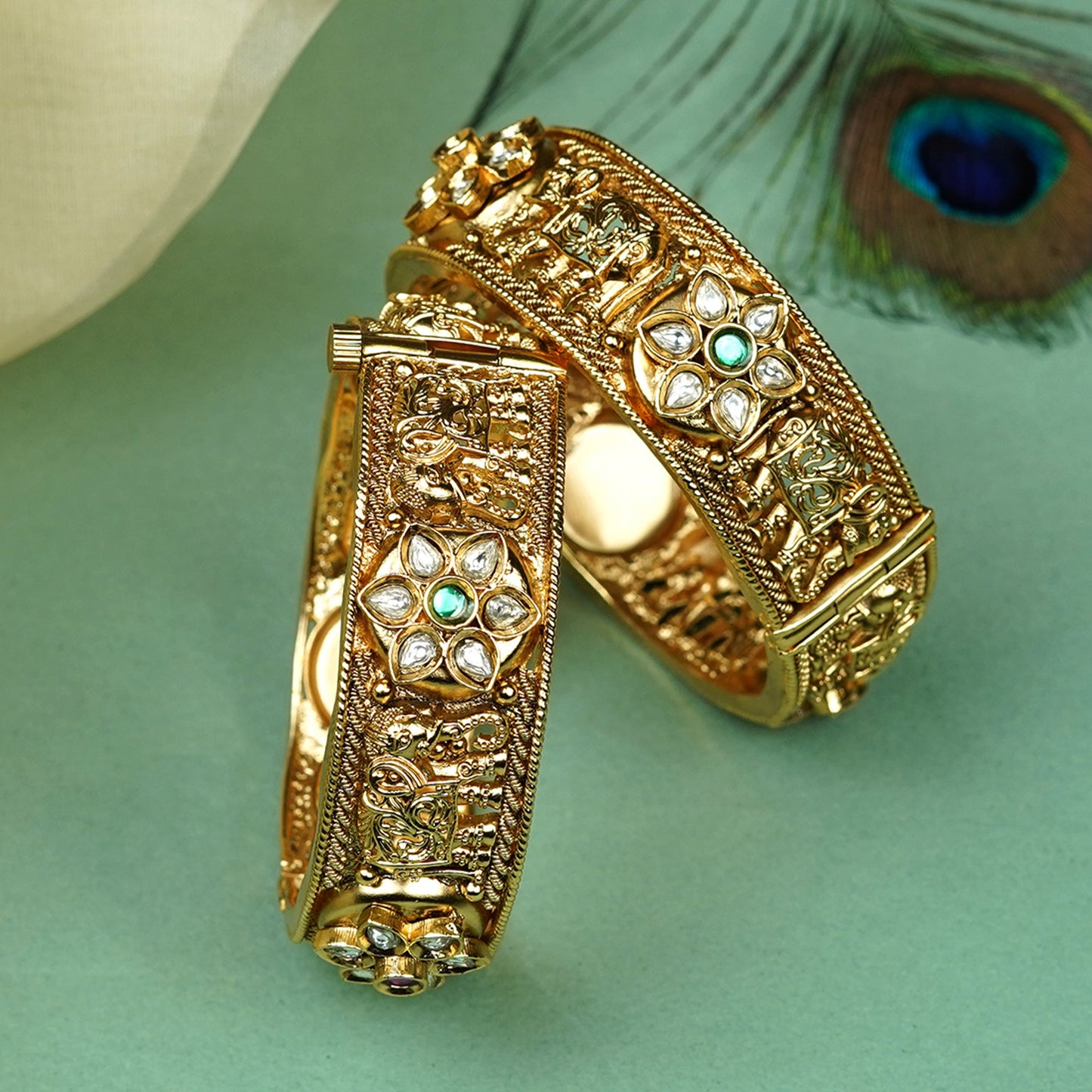 Zevar Club Set of 2 22K Gold-Plated Handcrafted Rajwadi Bangles with Emerald Green Kundan Studded Floral & Elephant Motifs