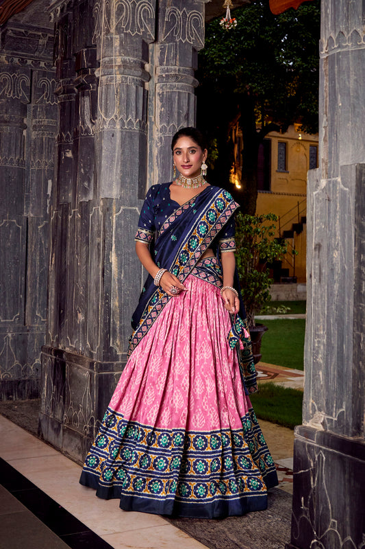 Pink Ikkat Printed Tussar Silk Festive Lehenga