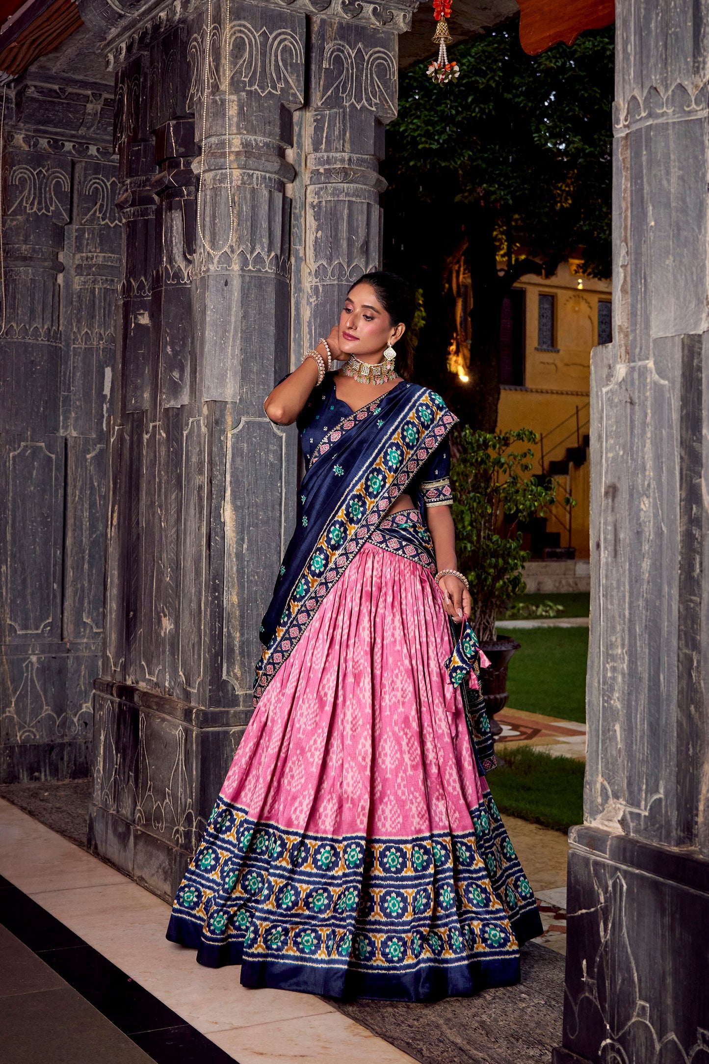 Pink Ikkat Printed Tussar Silk Festive Lehenga