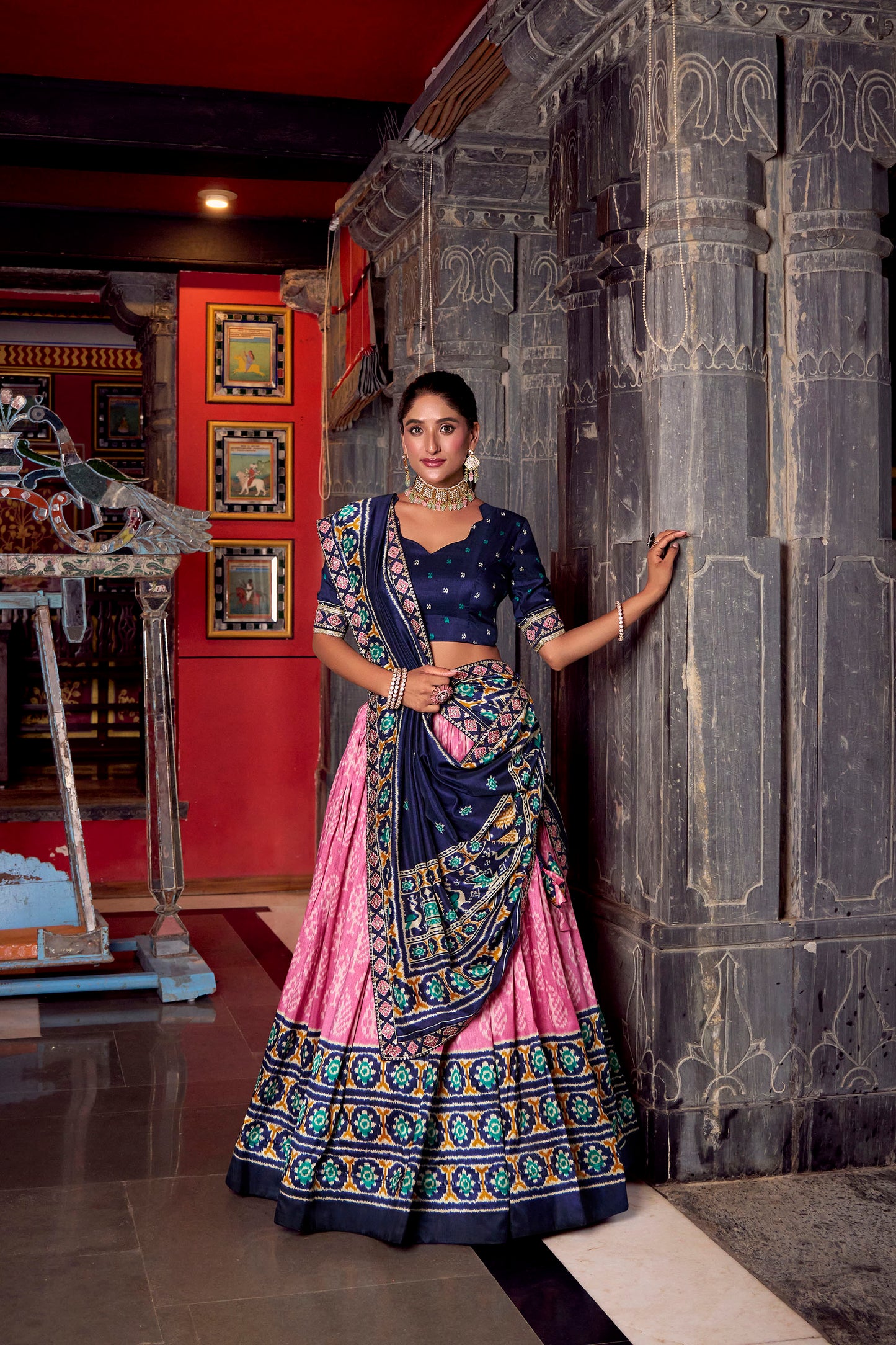 Pink Ikkat Printed Tussar Silk Festive Lehenga