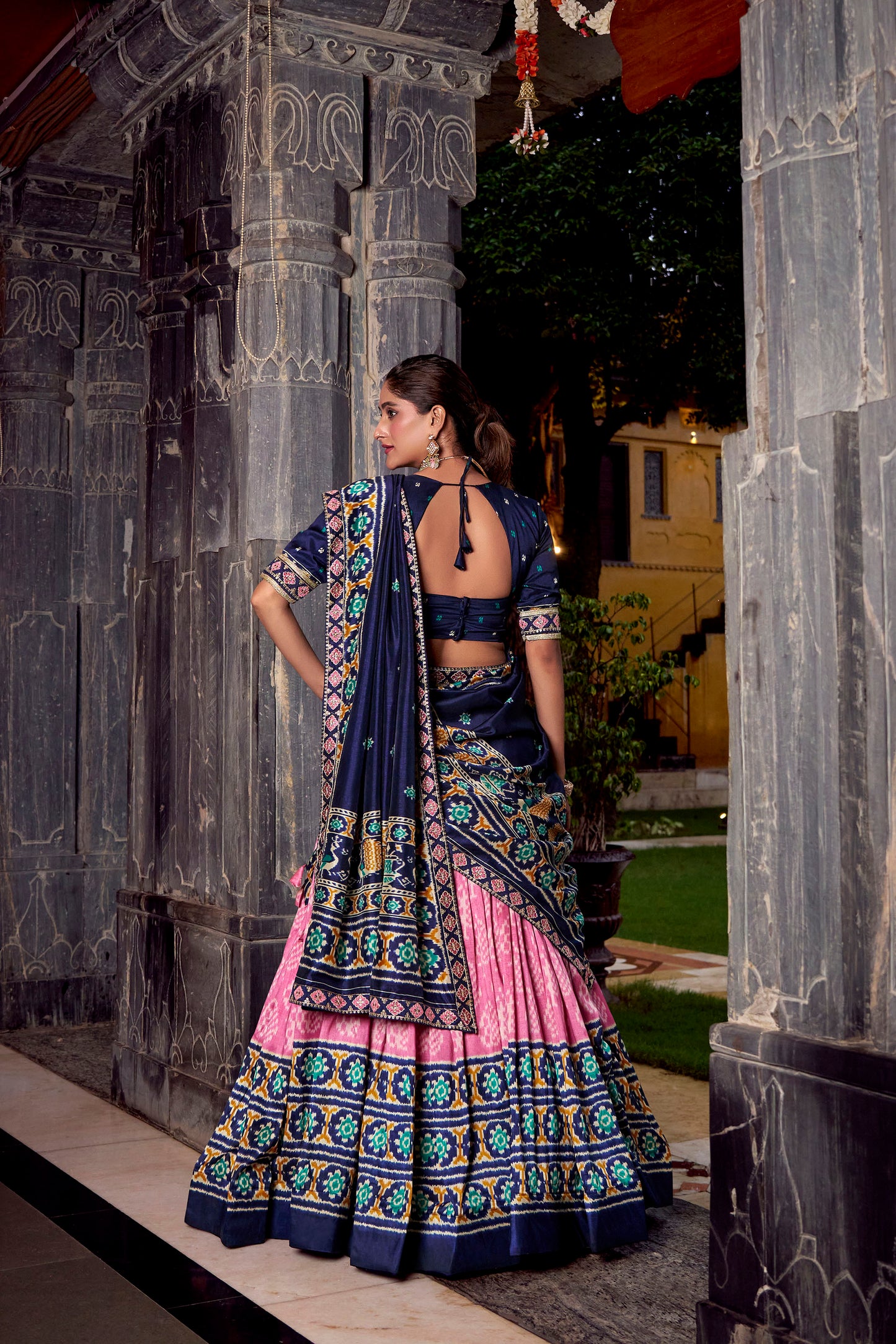Pink Ikkat Printed Tussar Silk Festive Lehenga
