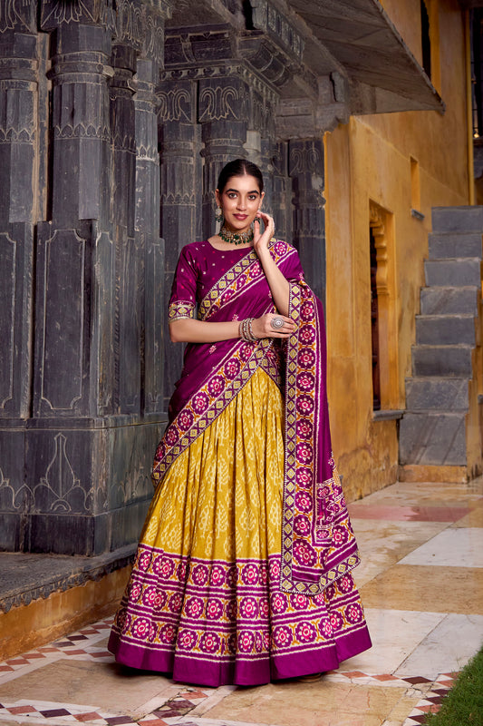 Yellow Ikkat Printed Tussar Silk Haldi Lehenga