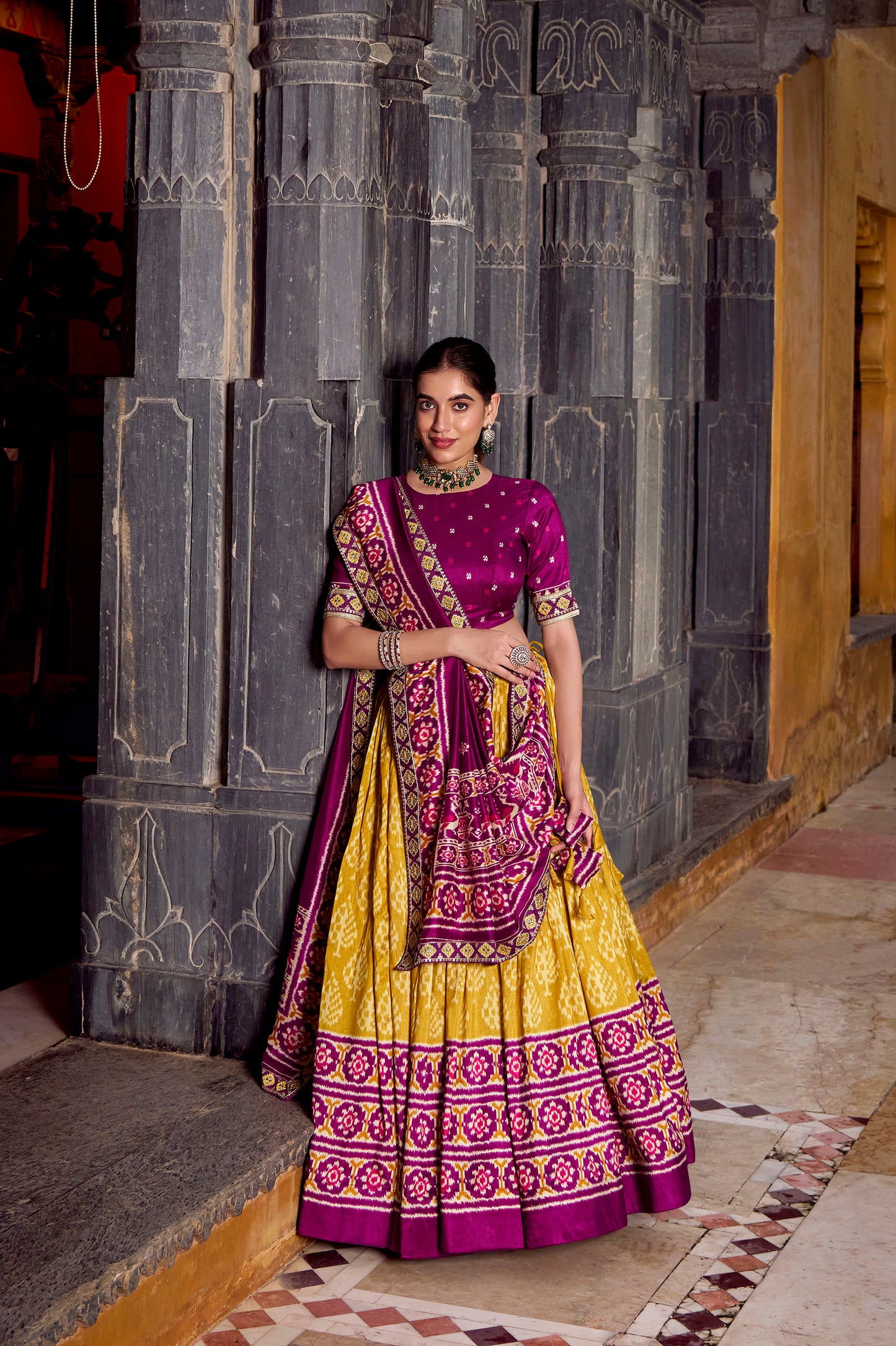 Yellow Ikkat Printed Tussar Silk Haldi Lehenga