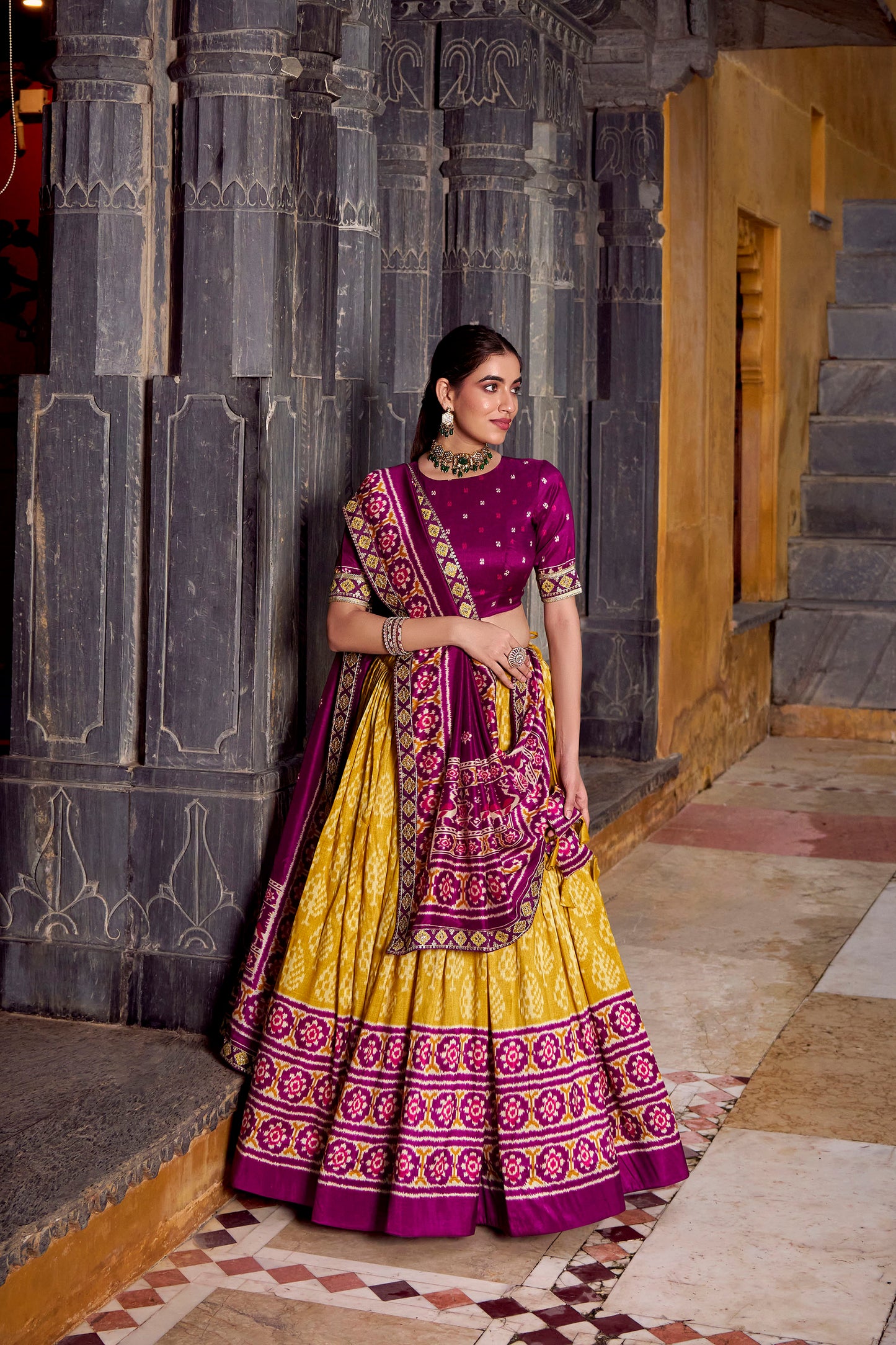Yellow Ikkat Printed Tussar Silk Haldi Lehenga