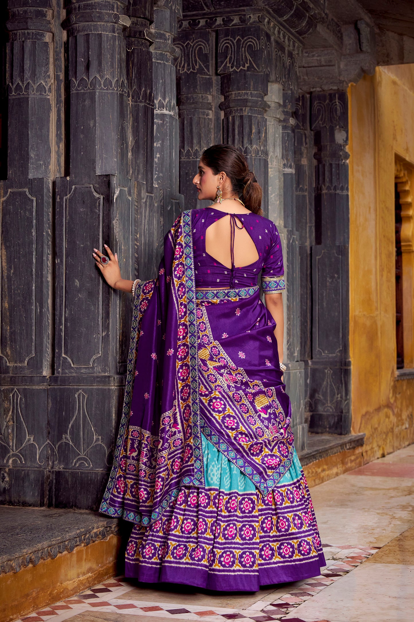 Blue & Purple Ikkat Printed Tussar Silk Festive Lehenga