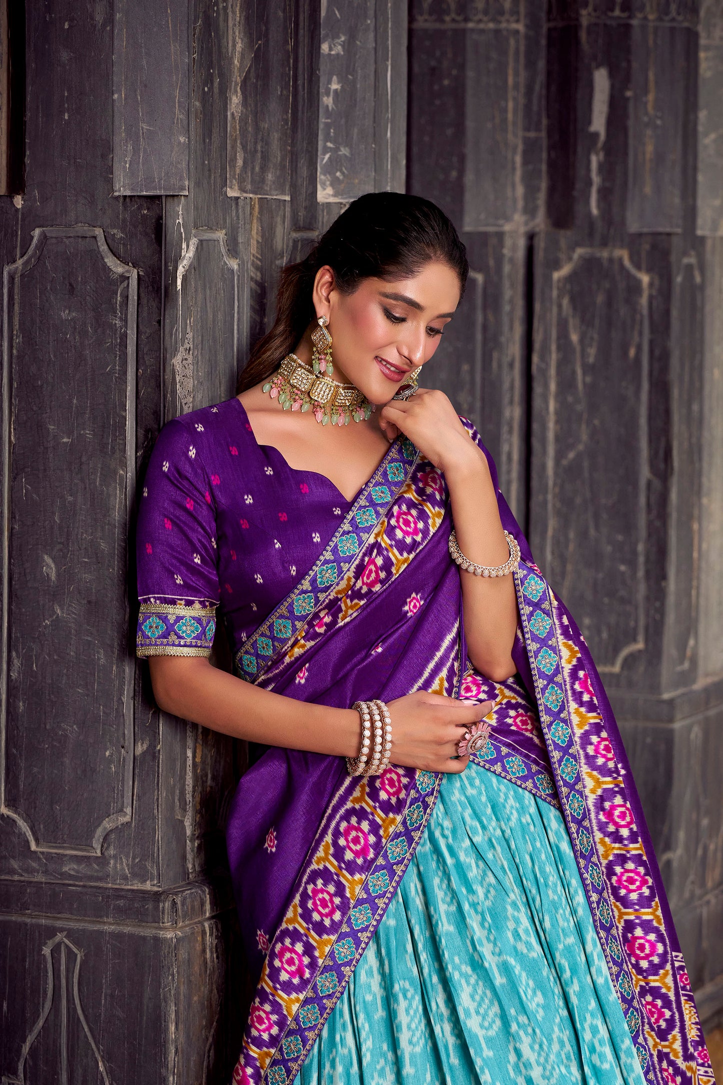 Blue & Purple Ikkat Printed Tussar Silk Festive Lehenga