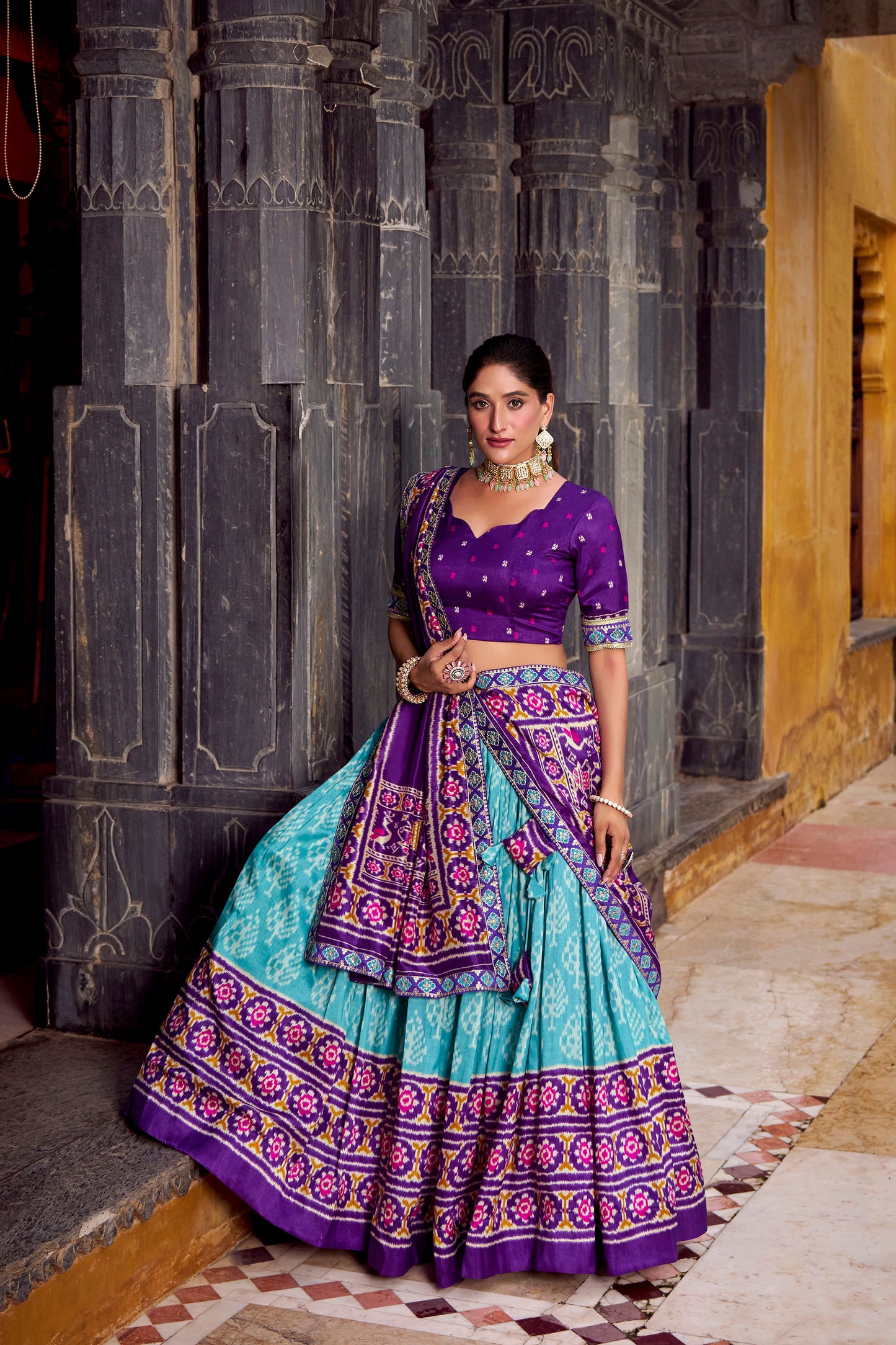 Blue & Purple Ikkat Printed Tussar Silk Festive Lehenga