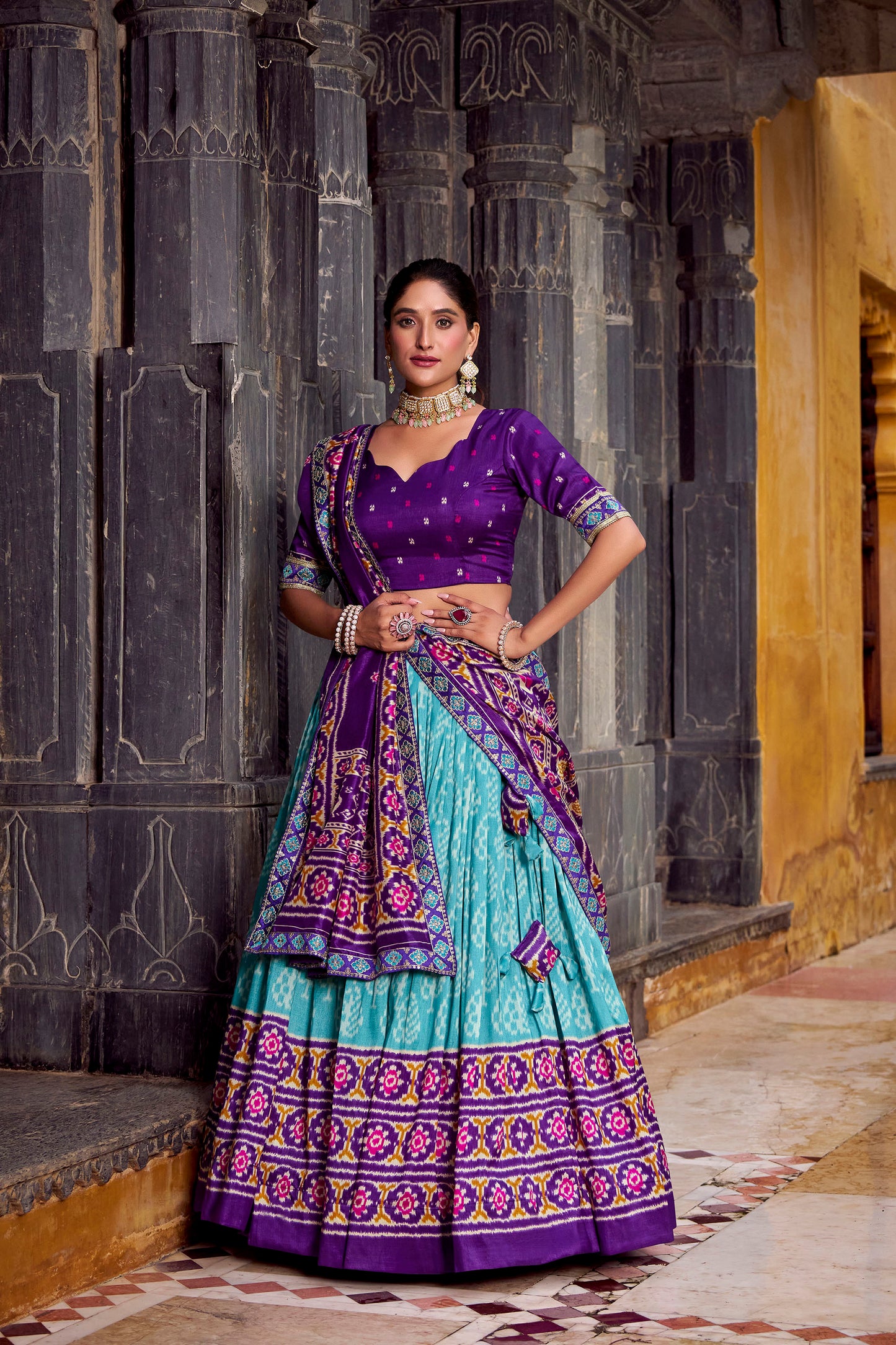 Blue & Purple Ikkat Printed Tussar Silk Festive Lehenga