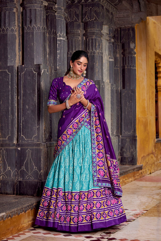 Blue & Purple Ikkat Printed Tussar Silk Festive Lehenga