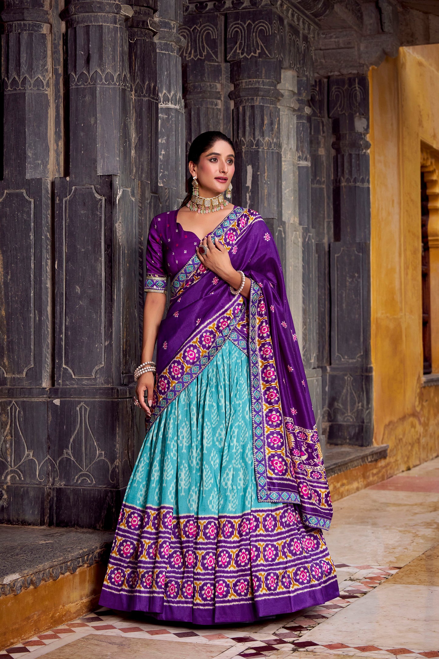 Blue & Purple Ikkat Printed Tussar Silk Festive Lehenga
