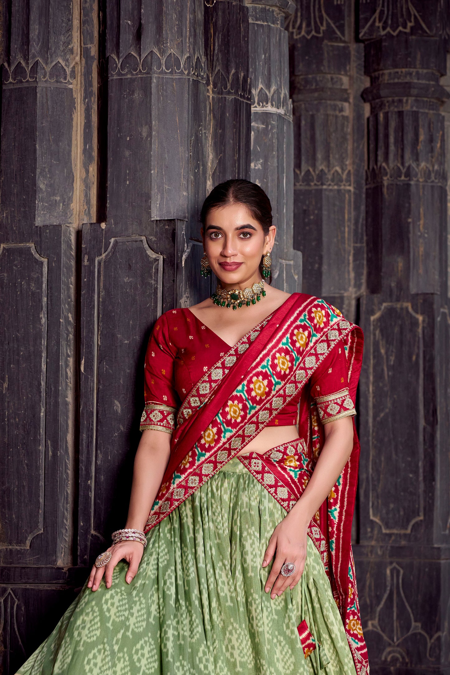 Green & Red Ikkat Printed Tussar Silk Mehendi Lehenga