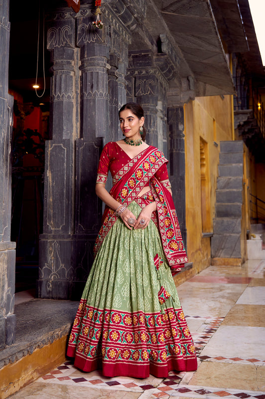 Green & Red Ikkat Printed Tussar Silk Mehendi Lehenga