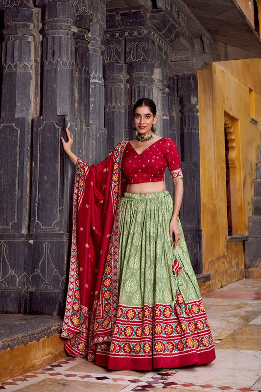 Green & Red Ikkat Printed Tussar Silk Mehendi Lehenga