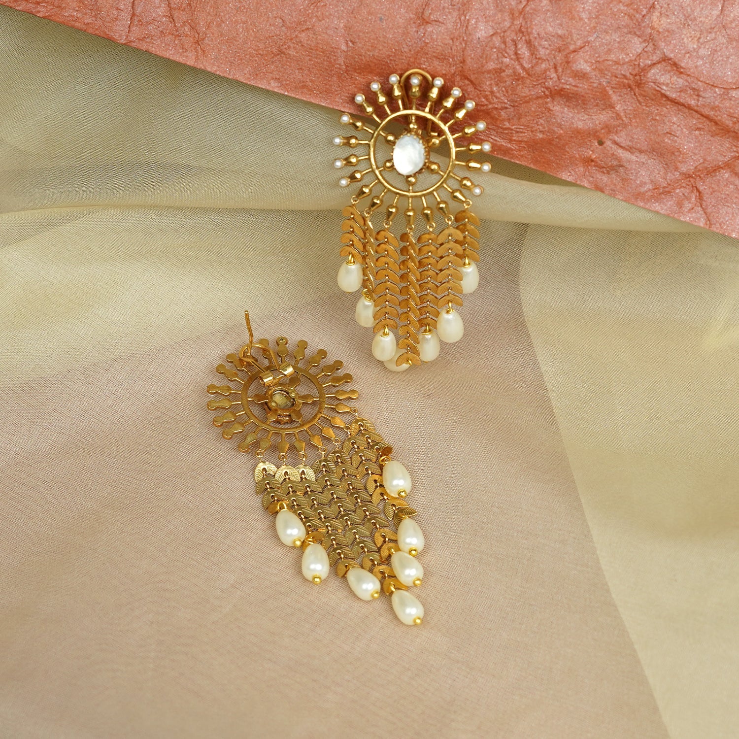 Zevar Club 22K Gold-Plated Handcrafted Sunburst Dangler Earrings with White Pearls & Cascading Layered Chains