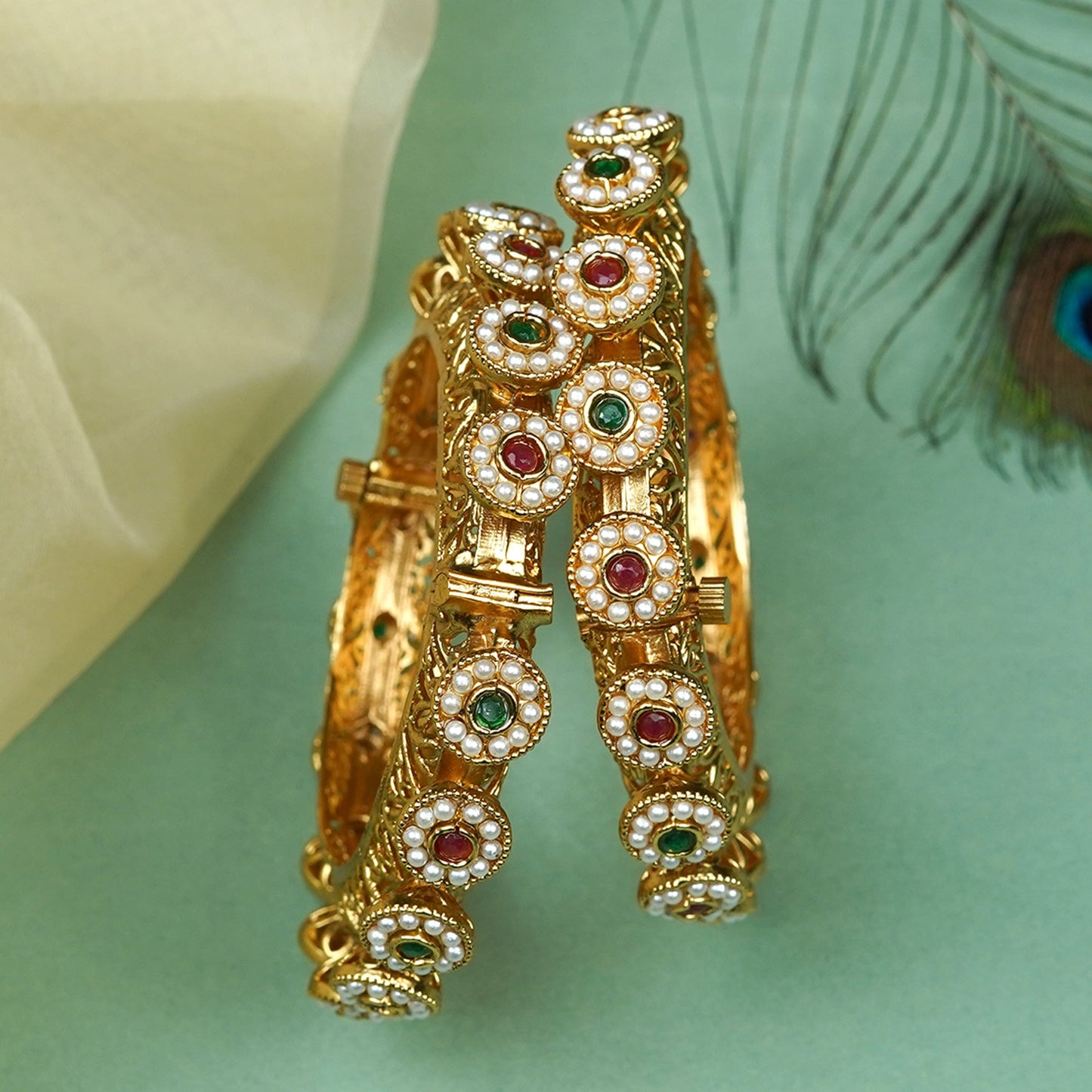 Zevar Club Set of 2 22K Gold-Plated Handcrafted Bangles  with Ruby Emerald Kundan Floral & Pearl Accents