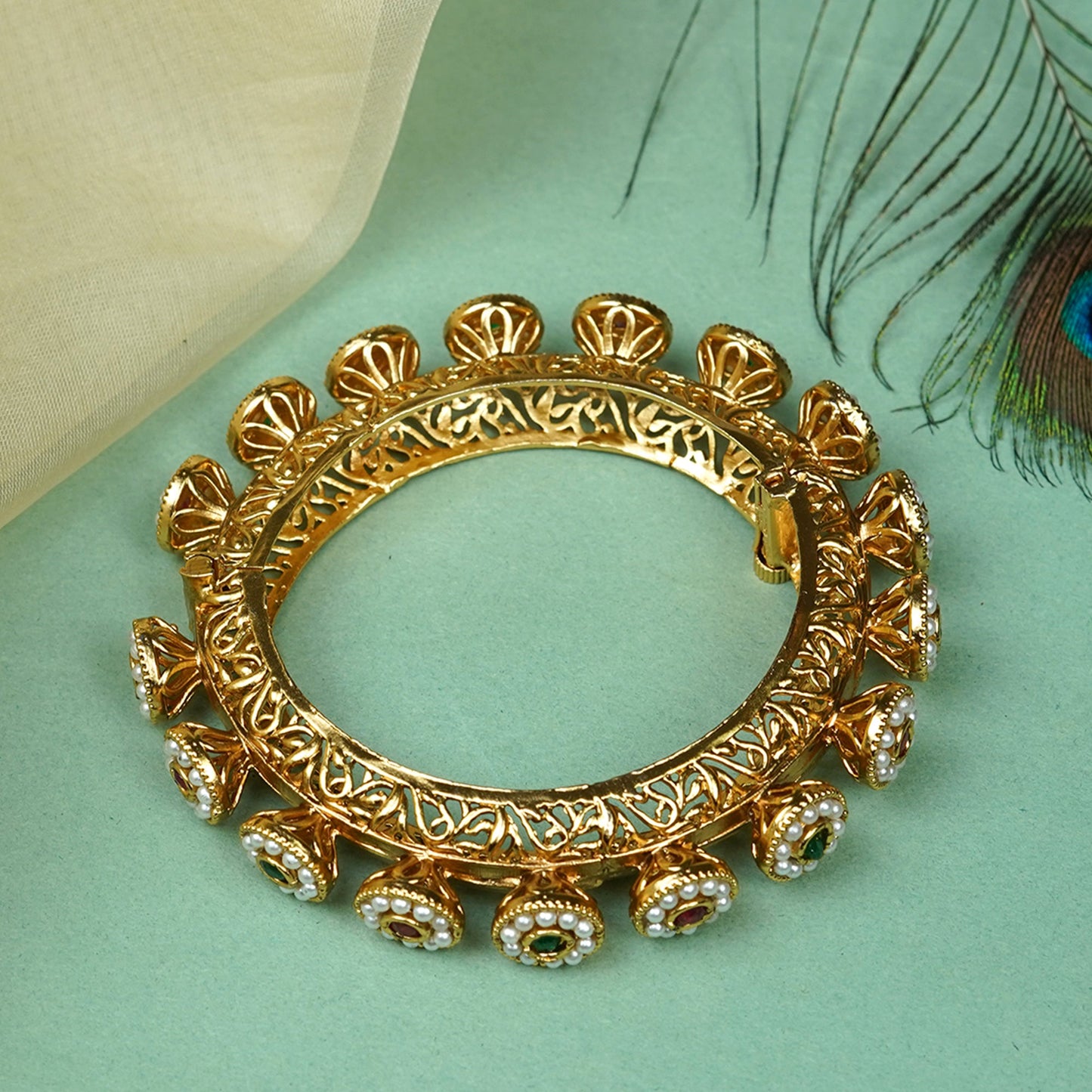 Zevar Club Set of 2 22K Gold-Plated Handcrafted Bangles  with Ruby Emerald Kundan Floral & Pearl Accents