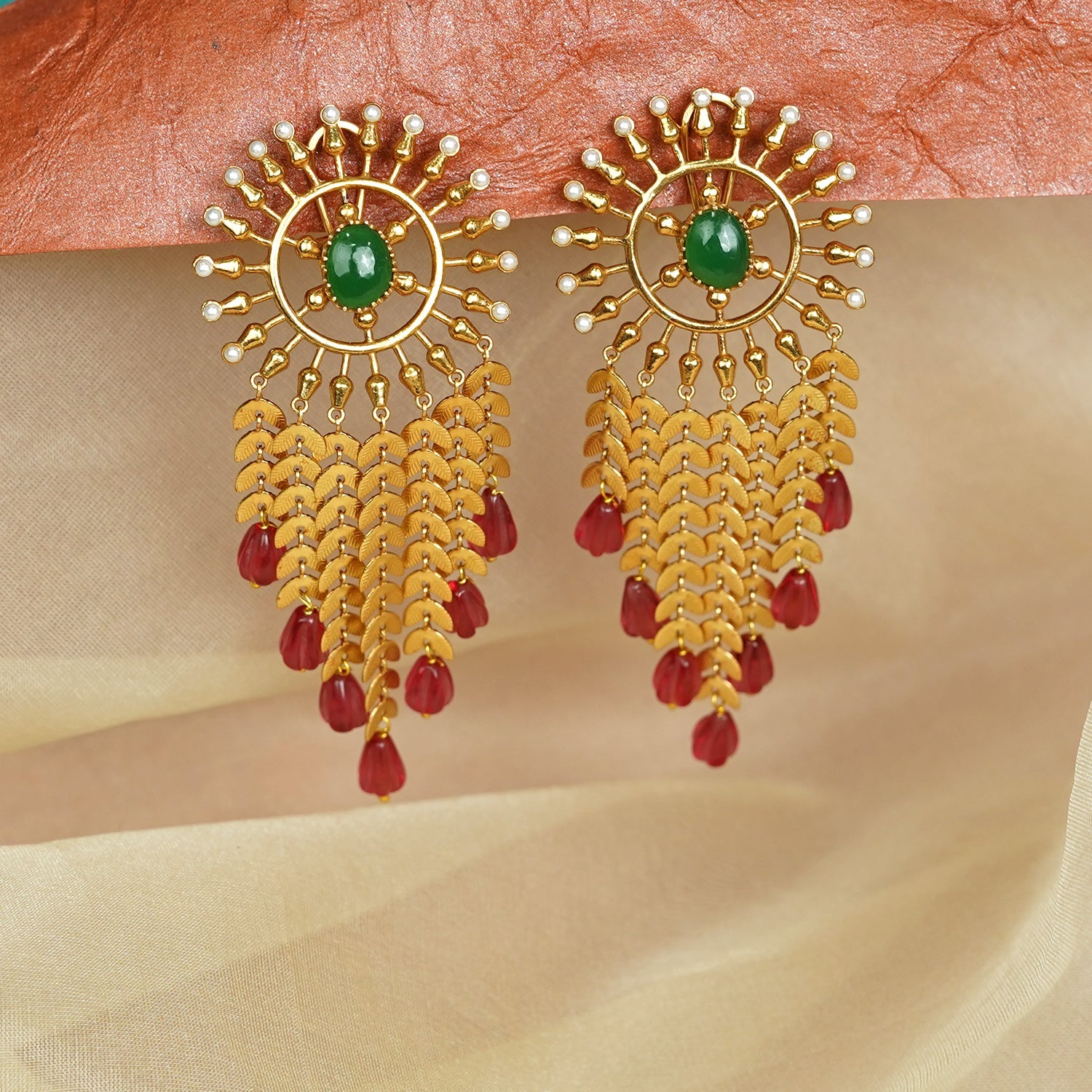 Zevar Club 22K Gold-Plated Handcrafted Sunburst Dangler Earrings with Emerald Green Stone & Ruby Red Beads and Cascading Layered Chains